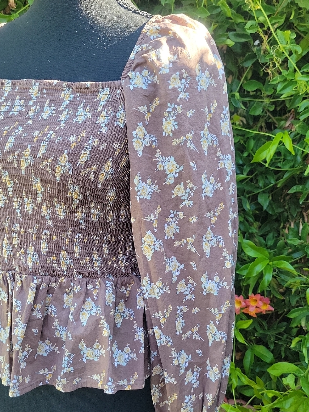 Brown Floral 100% Cotton Puff Sleeve Stretchy Boho Blouse L - Picture 13 of 14